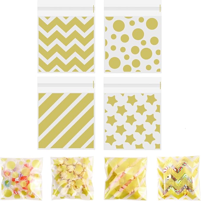 Bolsas de Celofan Doradas Autoadhesivas 10x10cm Und Varios Diseños