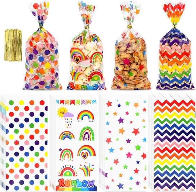 Bolsas de Celofan Diseños de Estrellas, Lunares y Arcoiris 27.5x12.5cm Und Varios Modelos con Lazo Giratorio