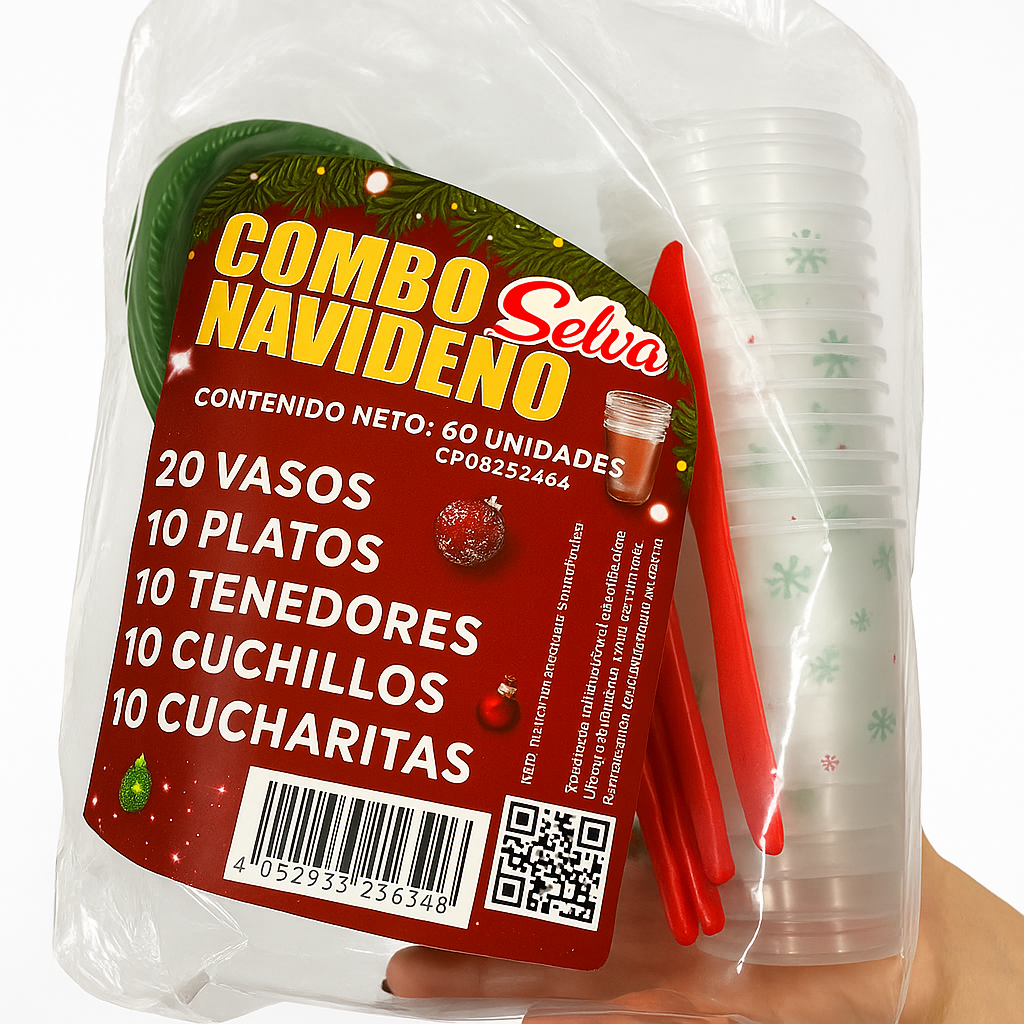 Combo Navideño de 60 Unds SELVA Incluye 10 Platos, 20 Vasos, 10 Tenedores, 10 Cuchillos y 10 Cucharitas