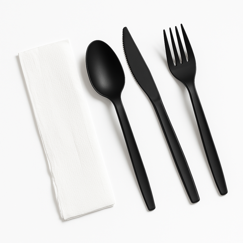 Set de Cubiertos Negro Tenedor, Cuchillo, Servilleta y Cucharilla Paq x 150 Unds MASTER PLUS