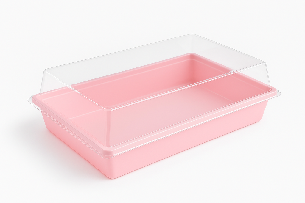 Bandeja Rectangular Rosada con Tapa Tansparente Und