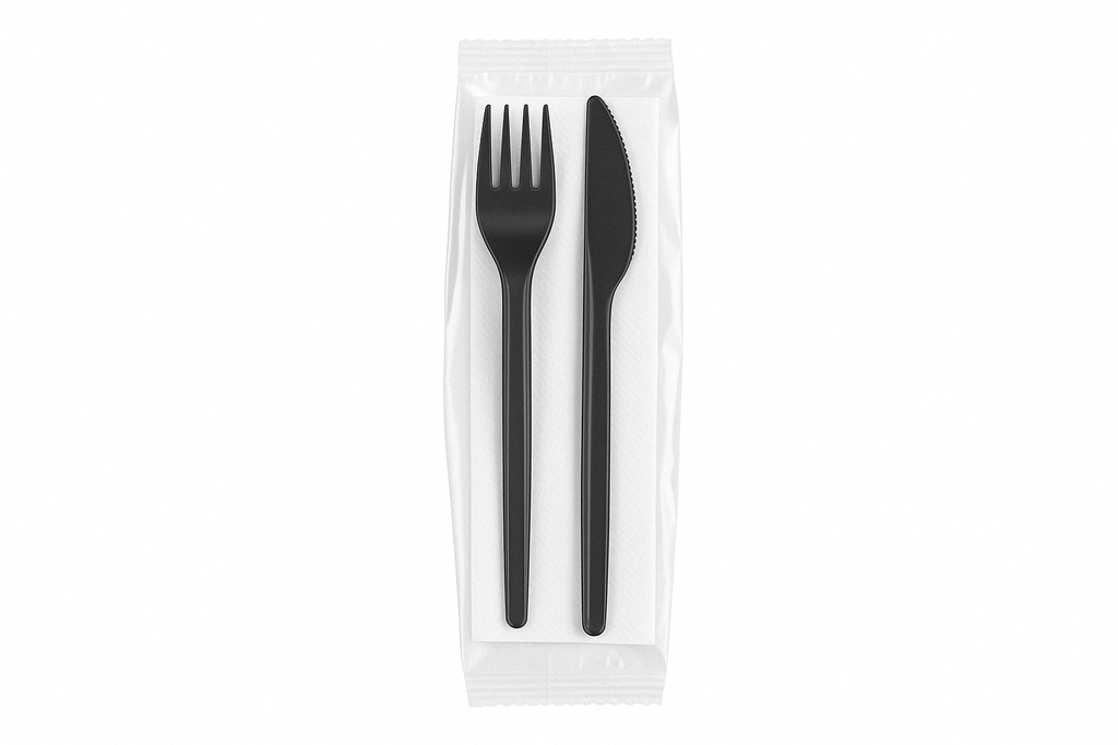 Set de Cubiertos Negro Tenedor, Cuchillo y Servilleta Paq x 150 Unds MASTER PLUS