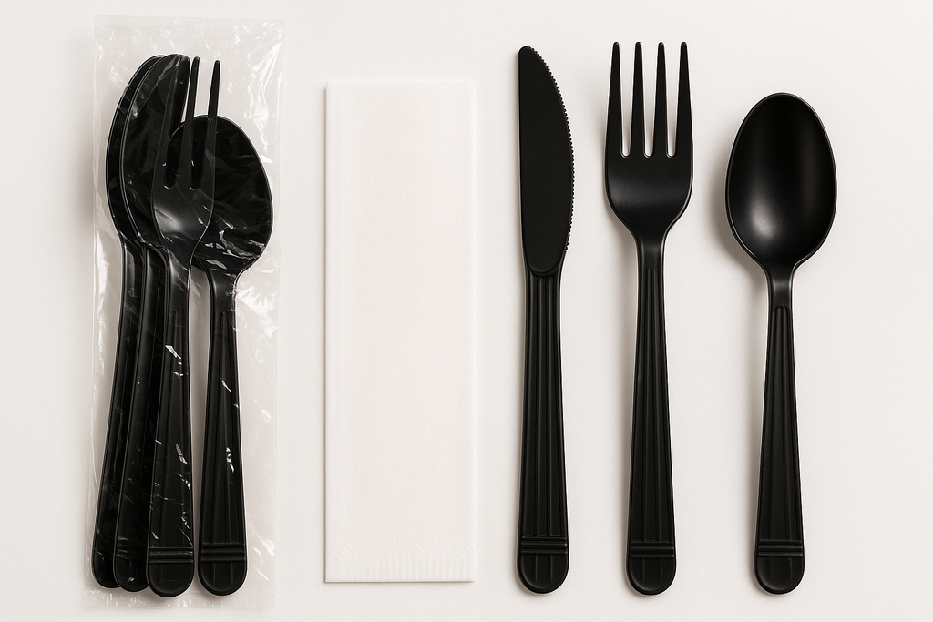 Set de Cubiertos Negro Servilleta, Cuchillo, Tenedor y Cuchara Paq x 75 Unds FANDEC