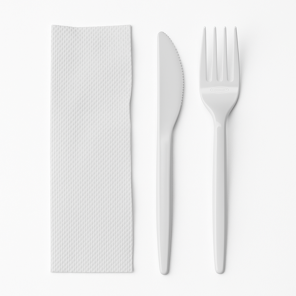 Cubiertos Medium Blancos Und  Incluye Servilleta, Tenedor y Cuchillo