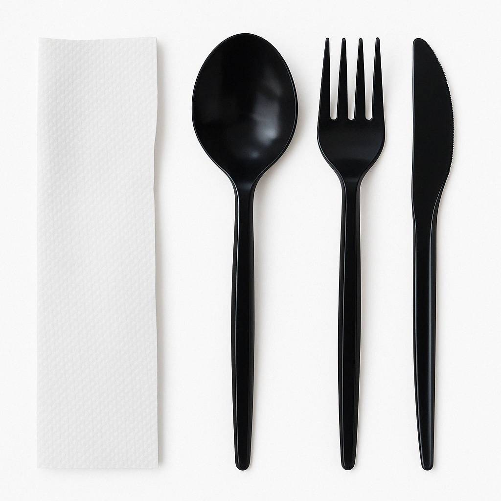Cubiertos Medium Negros Und  Incluye Servilleta, Tenedor y Cuchillo