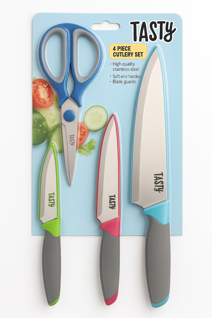 Set de Cuchillos y Tijera Multicolores 4 Unds BROOKSTONE Contiene 3 Cuchillos y 1 Tijera