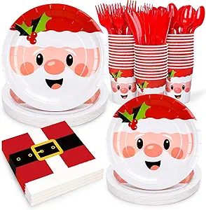 Set de Vajilla Desechable con Diseño Navideño para 25 Personas 125 Unds WHALINE Contiene Platos de 7" y 9", Servilletas, Vasos y Cubiertos