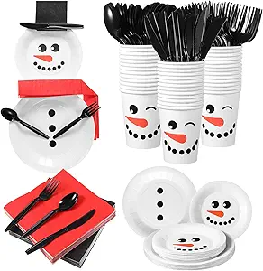 Set de Vajilla Desechable Diseño de Copos de Nieve para 25 personas 200 Unds UMIGY Contiene Platos, Vasos, Cubiertos y Servilletas