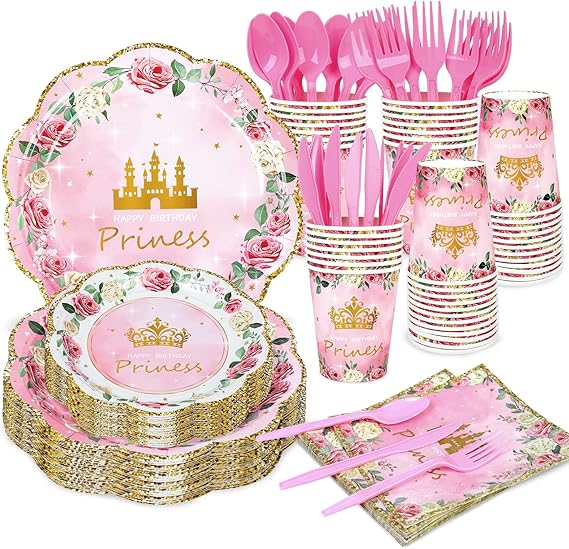 Set de Vajilla Desechable Fiesta de Princesa para 24 personas Und Contiene Platos, Vasos, Servilletas y Cubiertos