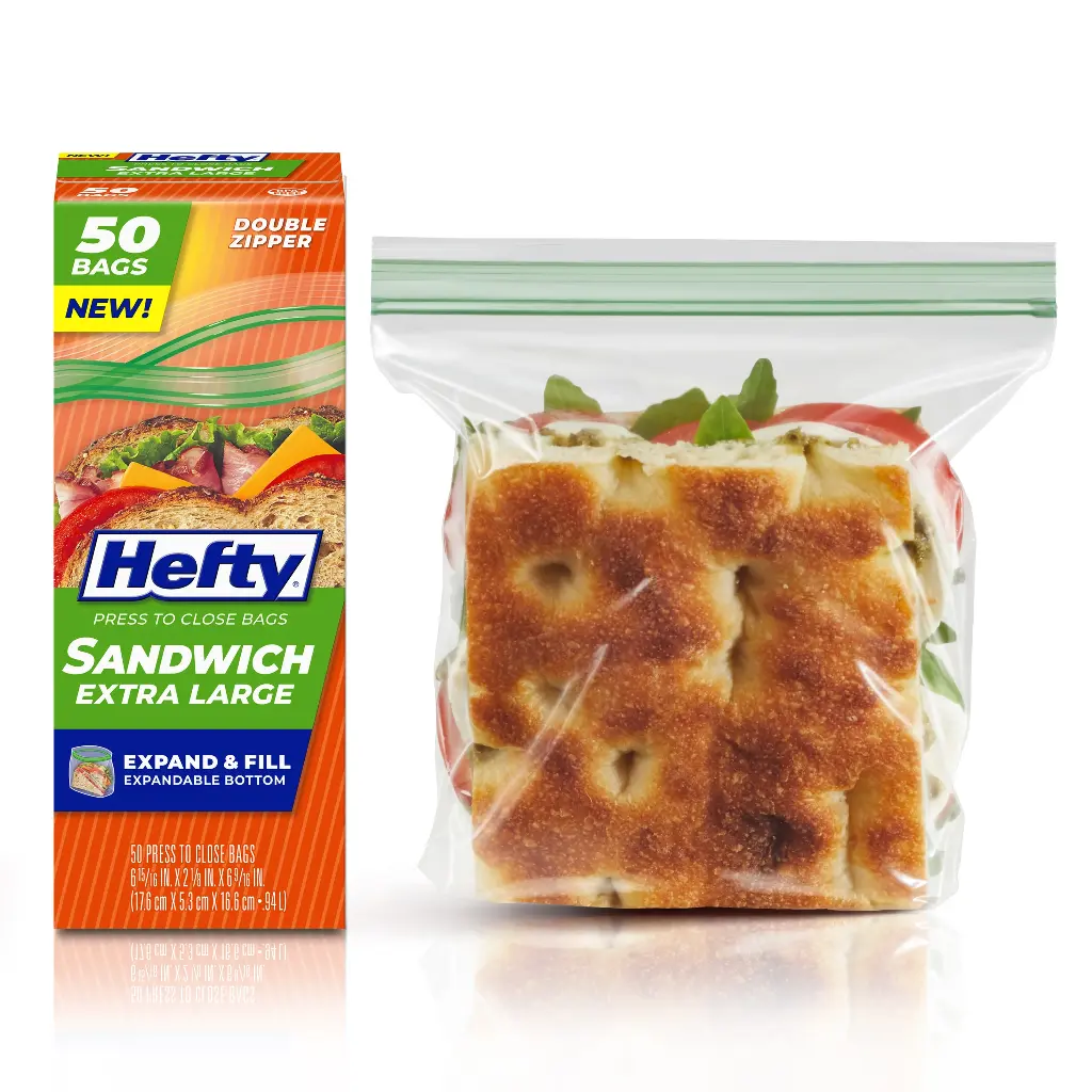 Set de Bolsas Extra Grandes para Sandwich 17.6x5.3x16.6cm 50 Unds HEFTY Banda Verde