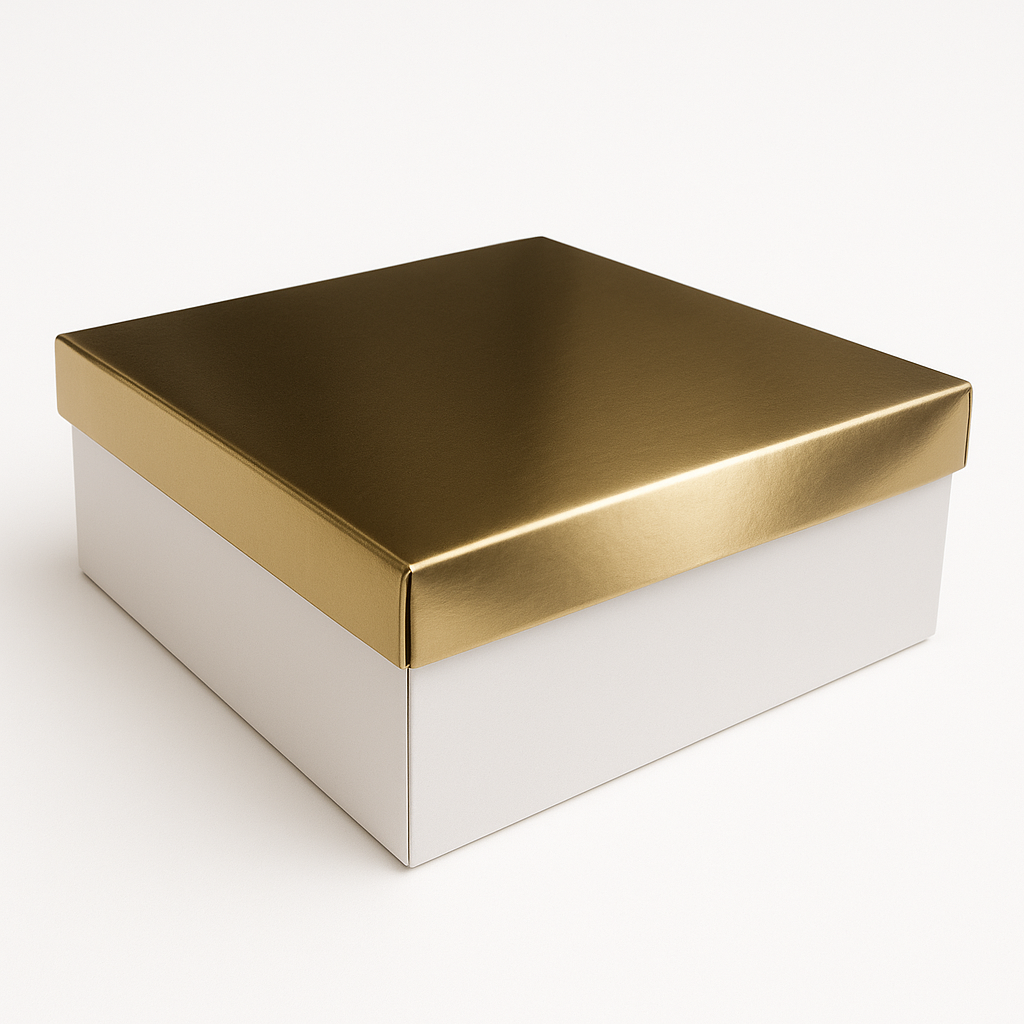 Caja para Torta con Tapa Dorada y Fondo Blanco 20x20x15 cm Und