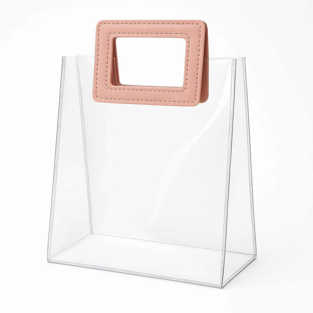 Bolsa PVC Transparentes con Asa Rosada 18x20x10 cm ideales para bodas, baby showers y fiestas.