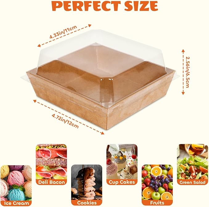 Cajas Kraft Cuadrada 10×10×5 cm con Tapa Transparente Und Desechables para Postres y Comidas