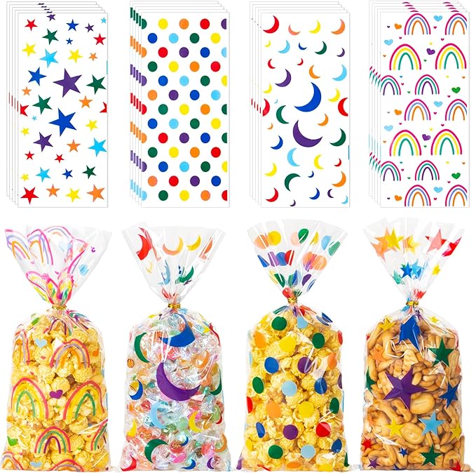 Bolsas de Celofan Diseños de Estrellas, Lunares y Arcoiris 27.5x12.5cm Und Varios Modelos con Lazo Giratorio