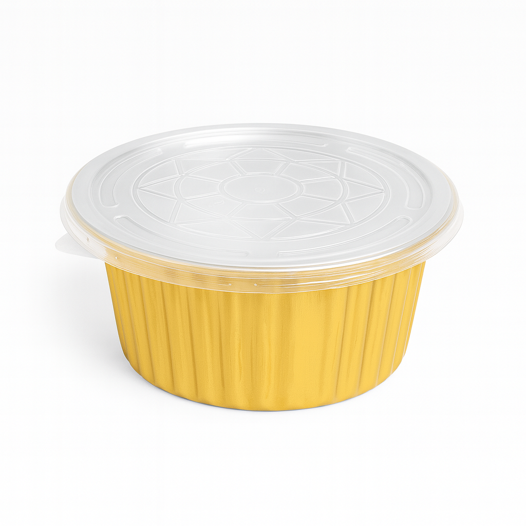 Envase de Aluminio Redondo con Tapa Transparente PP Und Dorado