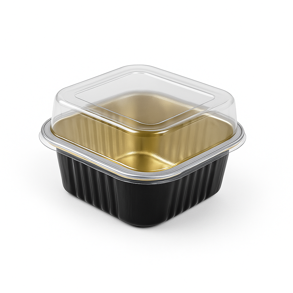 Envase de Aluminio Negro/Dorado Alto con Tapa Transparente Und