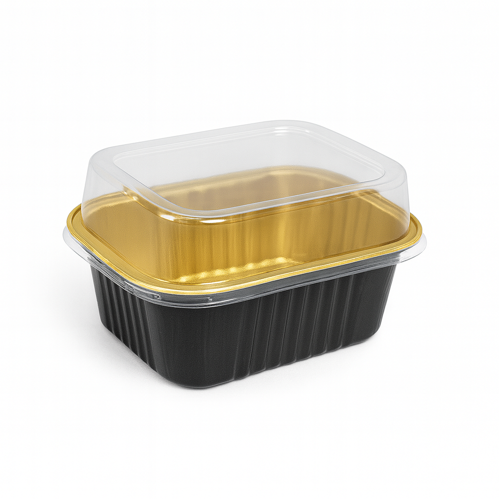 Envase de Aluminio Rectangular Pequeño con Tapa Transparente Und Negro/Dorado