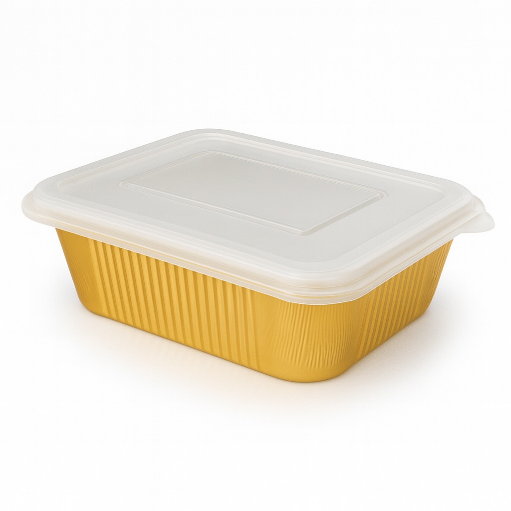 Envase de Aluminio Rectangular Alto con Tapa Transparente Und Dorado