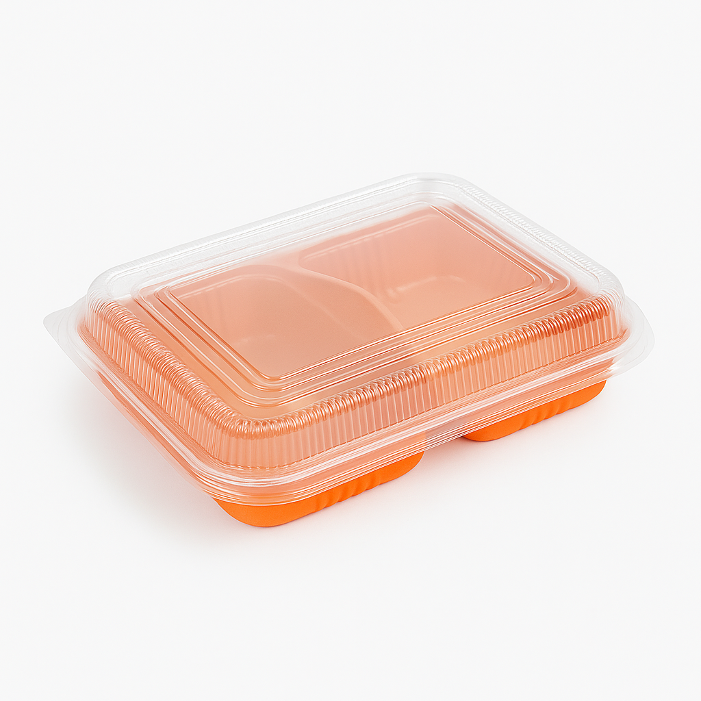 Bandeja PP de 2 Divisiones Con Tapa Transparente Und Naranja 