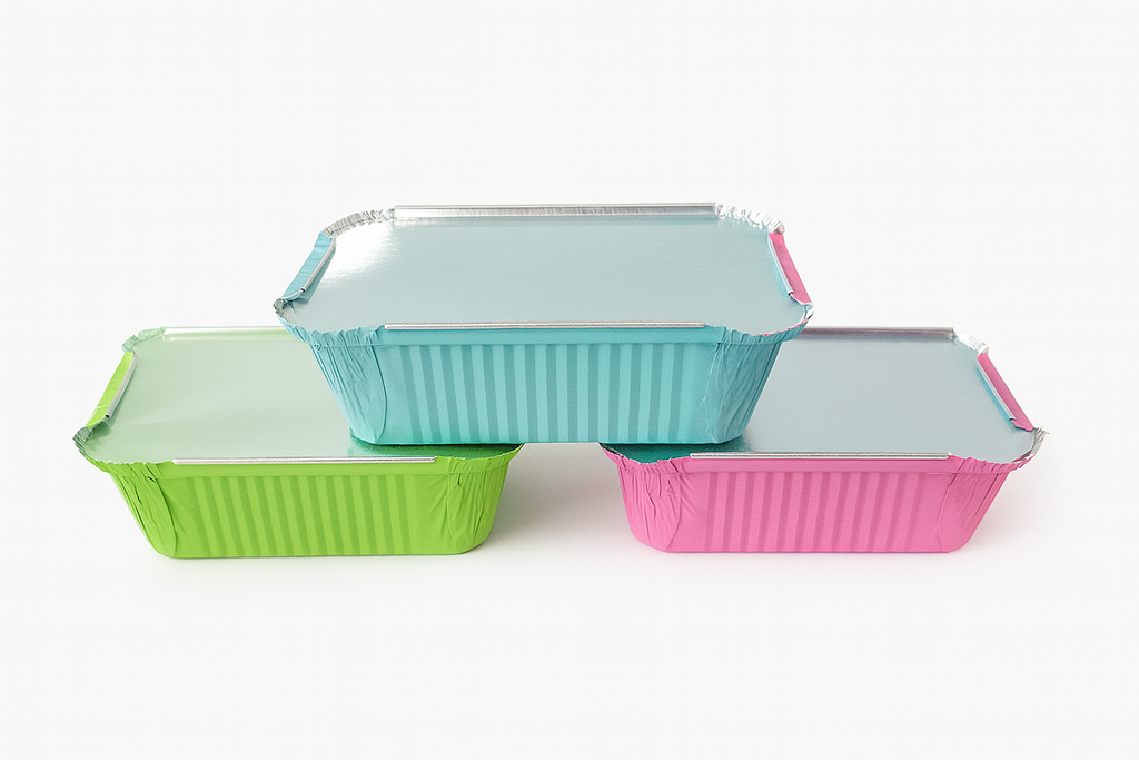 Envase de Aluminio Rectangular 705/420/450cc con Tapa Carton /Metalizada Und Varios Colores