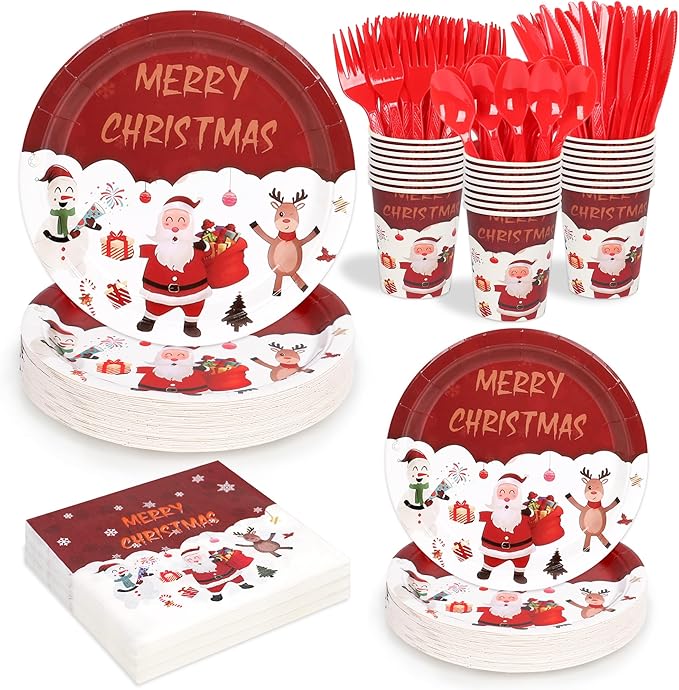Set de Vajilla Desechable con Diseño Navideño para 24 Personas 168 Unds Contiene Platos de 7" y 9", Servilletas, Vasos y Cubiertos