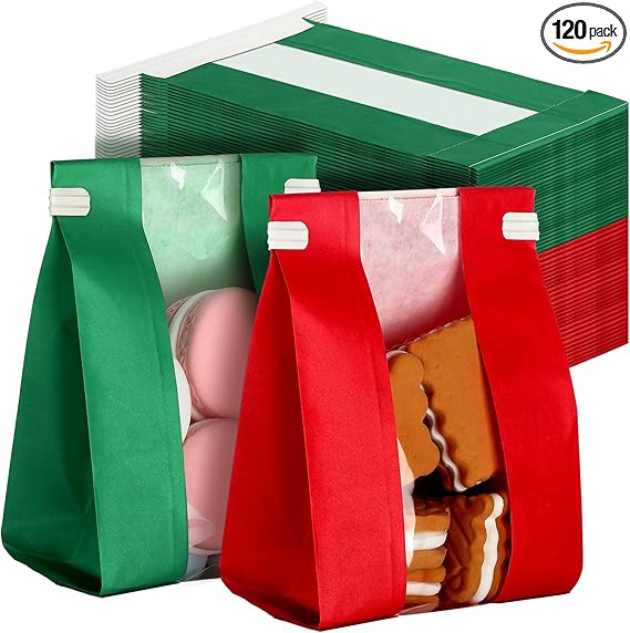 Bolsa de Panaderia Tipo Kraft Navideña con Ventana 15x10x6cm Und Rojo y Verde 