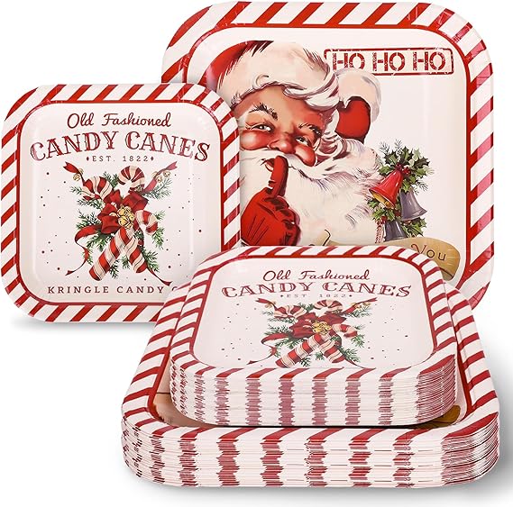 Set de Platos Cuadrados Desechables con Diseño Navideño para 10 Personas 20 Unds Contiene Platos de 7" y 9" Pulgadas