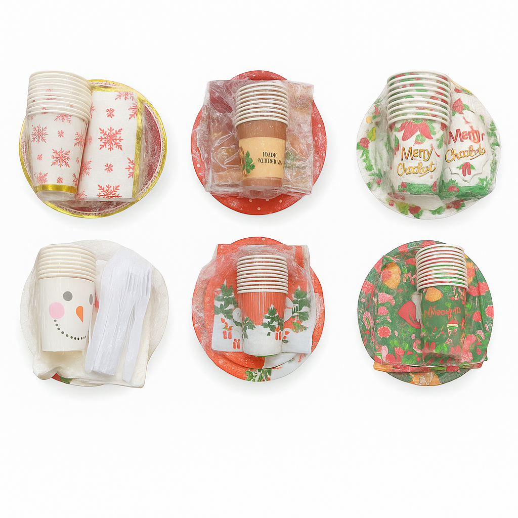 Set de Vajillas Desechables con Diseños Navideños para 10 Personas 70 Unds Contiene Platos de 7" y 9", Servilletas, Vasos y Cubiertos