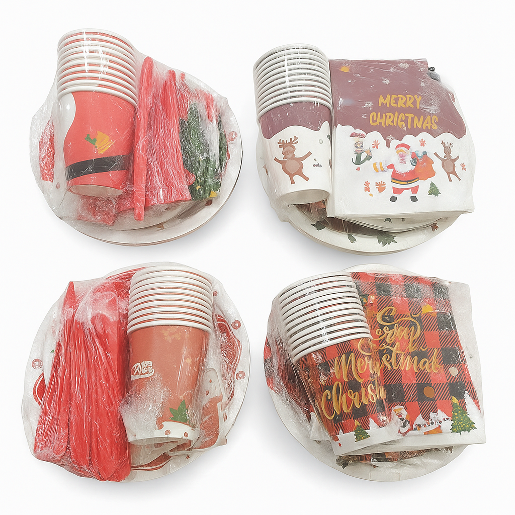 Set de Vajillas Desechables con Diseños Navideños para 12 Personas 84 Unds Contiene Platos de 7" y 9", Servilletas, Vasos y Cubiertos