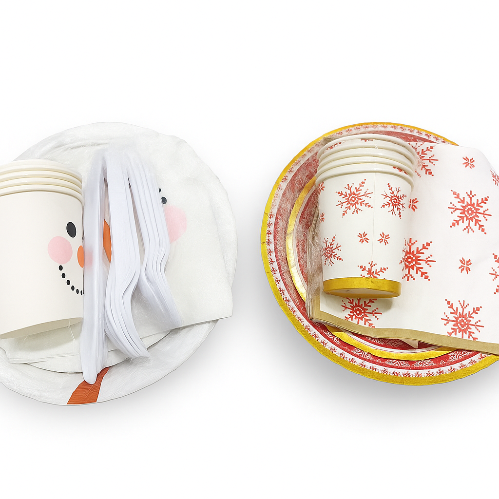 Set de Vajillas Desechables con Diseños Navideños para 5 Personas 35 Unds Contiene Platos de 7" y 9", Servilletas, Vasos y Cubiertos