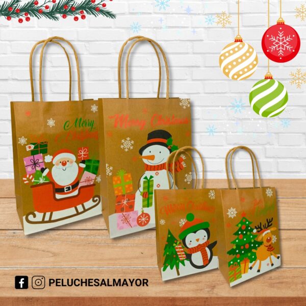 Bolsas Kraft Con Diseño Navideños 27x21x11cm Und
