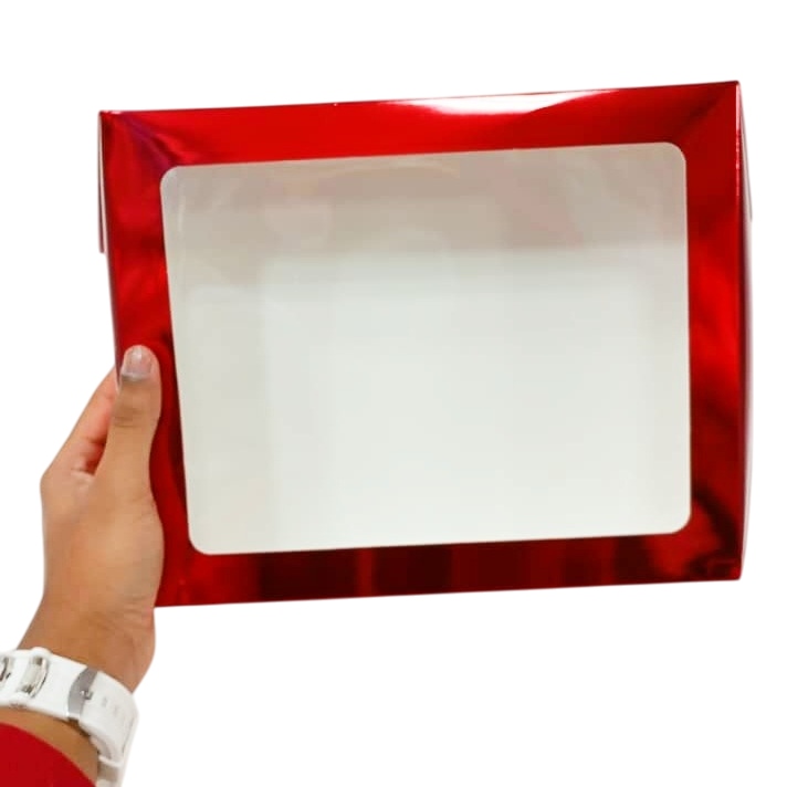 Caja Rectangular con Ventana 28x22cm Und Rojo Metalizado