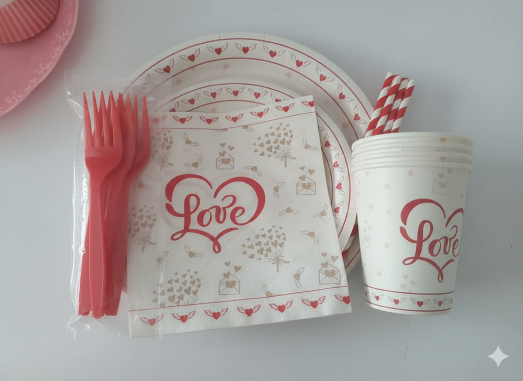 Set de Vajilla Desechable LOVE para 4 Personas 32 Unds Incluye Platos, Servilletas, Cubiertos, Vasos y Pitillos