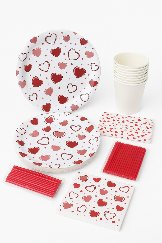 Set de Vajilla Desechable Blanco con Corazones para 4 Personas 28 Unds Incluye Platos, Servilletas, Cubiertos, Vasos y Pitillos