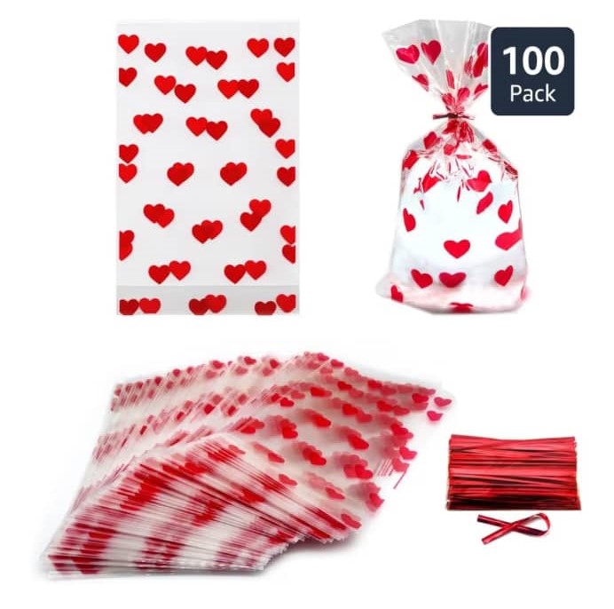 Bolsa de Celofan Corazones Rojos 22.5x15x5cm Und