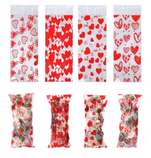 Bolsa de Celofan Corazones Rojos Con Ahdesivo 27x12.5 Und Varios Diseños