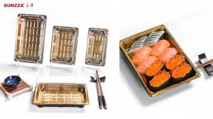 Envase de Sushi Grande Con Tapa 26x18.5x4cm Paq x 3 Unds Fondo Dorado