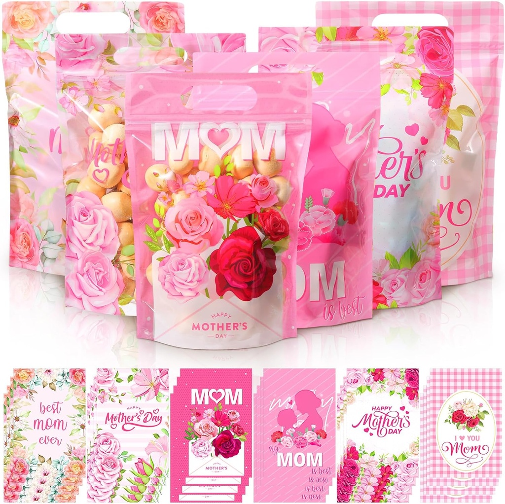 Bolsas de Regalo para Día de la Madre con Asa Plásticas y Flores Rosadas Und