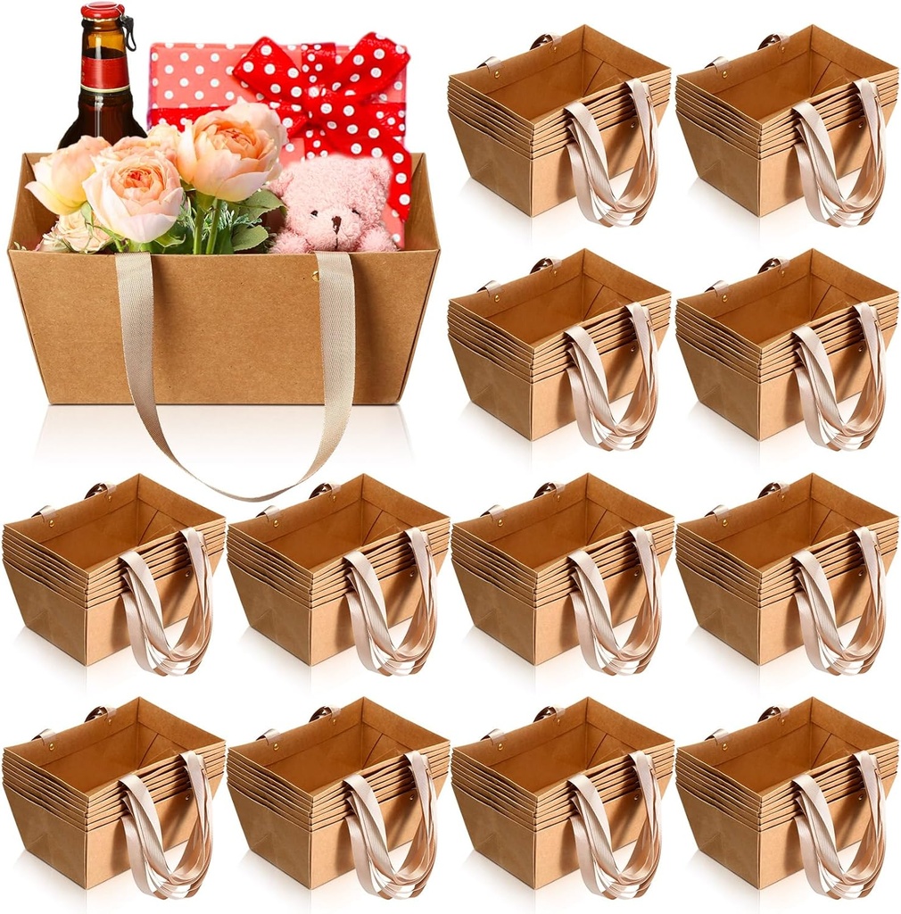 Cestas para Regalo de Papel Kraft Marrón Impermeables con Asa 24.89 x 16.51 x 10.92 cm Und