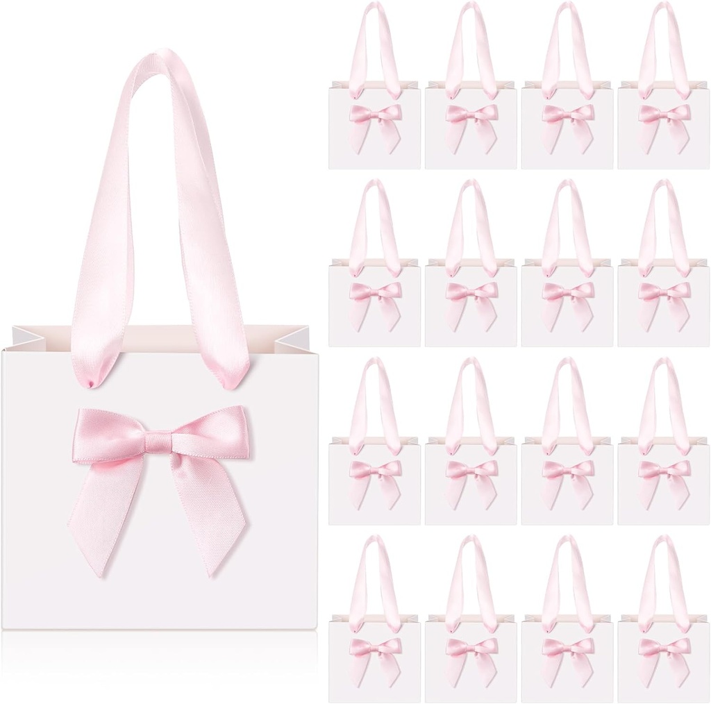 Bolsas de Regalo Pequeñas de Papel con Asa y Lazo Rosado 10 x 6 x 11cm  Und