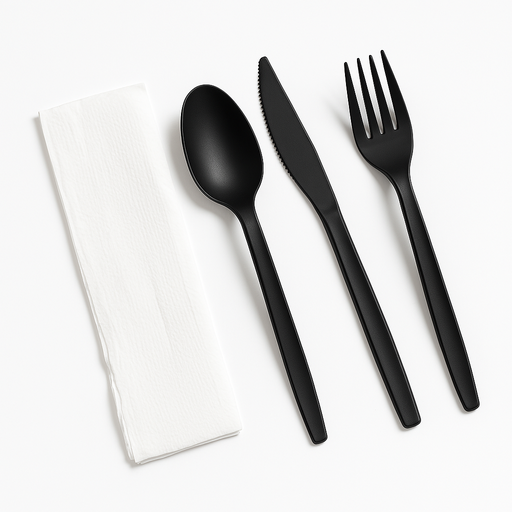 [SET-CUB-MAS-BASE1] Set de Cubiertos Negro Tenedor, Cuchillo, Servilleta y Cucharilla Paq x 150 Unds MASTER PLUS