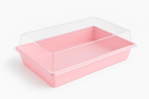 [BAN-REC-GEN-BASE1] Bandeja Rectangular Rosada con Tapa Tansparente Und