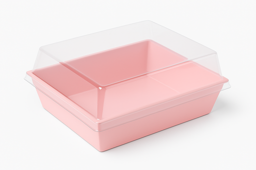 [BAN-CUA-GEN-BASE1] Bandeja Cuadrada Rosada con Tapa Transparente Und