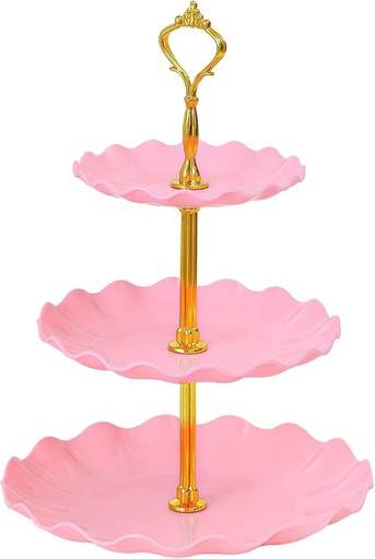 [BAS-DUL-GEN-BASE1] Exhibidor para Dulces Rosado/Dorado de Tres Pisos Und