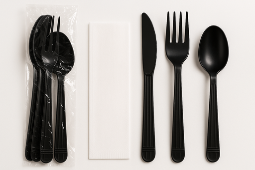 [SET-CUB-FAN-BASE1] Set de Cubiertos Negro Servilleta, Cuchillo, Tenedor y Cuchara Paq x 75 Unds FANDEC