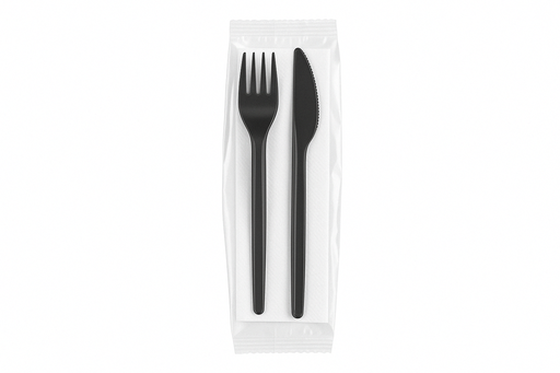 [SET-CUB-FAN-BASE2] Set de Cubiertos Negro Servilleta, Cuchillo y Tenedor Paq x 75 Unds FANDEC