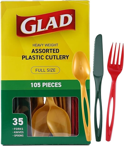 [SET-CUB-GLA-BASE1] Set de Cubiertos Desechables Rojo, Verde y Dorado 105 Unds GLAD