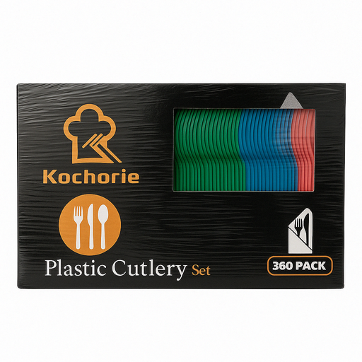 [SET-CUB-KOC-BASE1] Set de Cubiertos Desechables de 360 Unds Rojo, Verde y Dorado KOCHORI