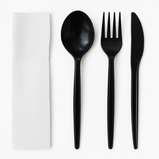 [CUB-MED-SEL-BASE2] Cubiertos Medium Negros Und SELVA Incluye Servilleta, Tenedor y Cuchillo