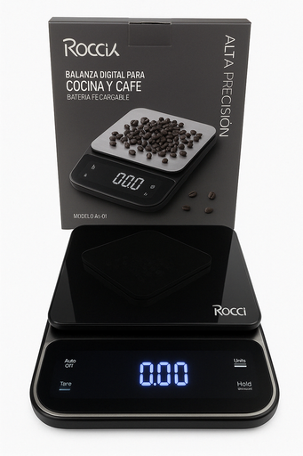 [BAL-DIG-ROC-BASE1] Balanza Digital de Cocina y Café Negro 3kg ROCCIA Diseño de Lujo